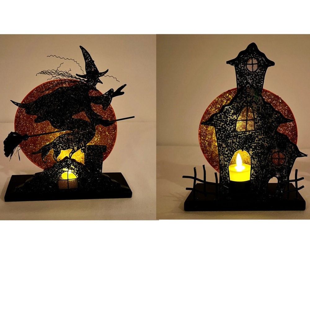 VTG Spooky Halloween Witch Moon Candlelight Sparkling Silhouette Candle Holders